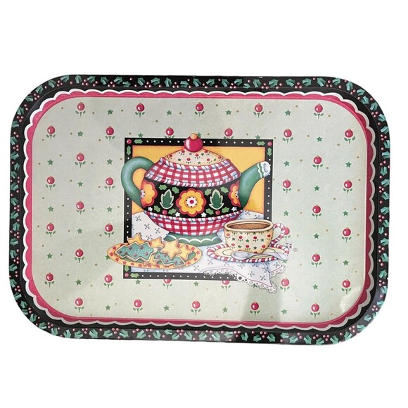 Mary Engelbreit Tin Metal Serving Tray Teapot Teacup Cherries 16 x 11" - Picture 1 of 5